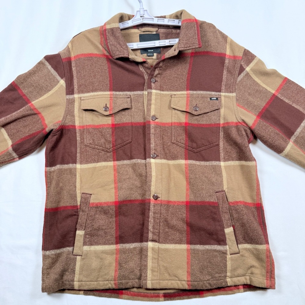 Vans Mens Medium Flannel Shirt Jacket Loose Fit Brown Plaid Button Front